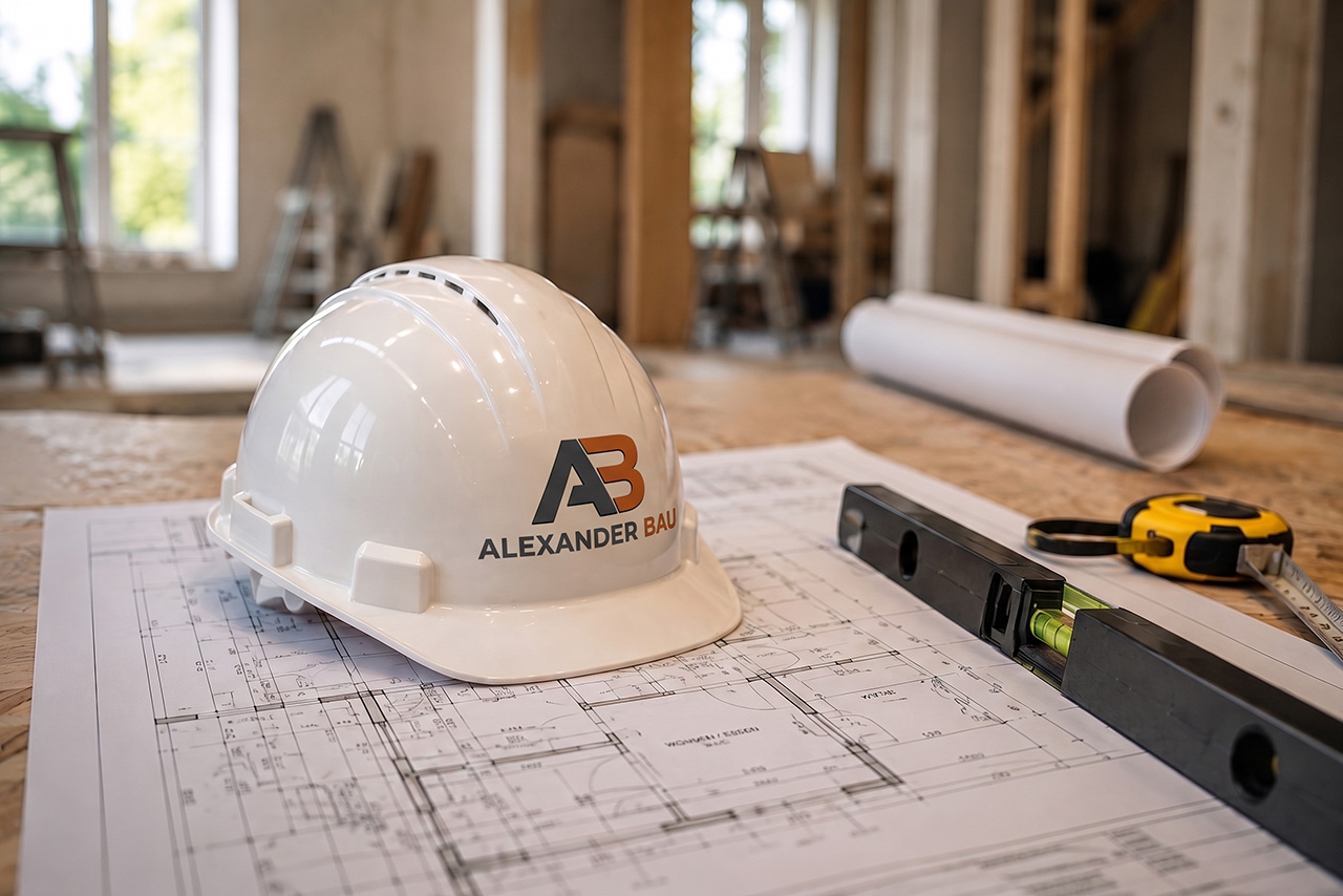 Bauhelm und Baupläne zur Planung einer Komplettsanierung
