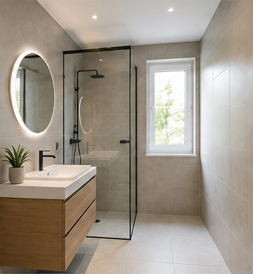 Modernisiertes Badezimmer nach abgeschlossenen Renovierungsarbeiten